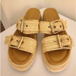 BCBGeneration Natural Raffia Dual Buckle Slide Sandals